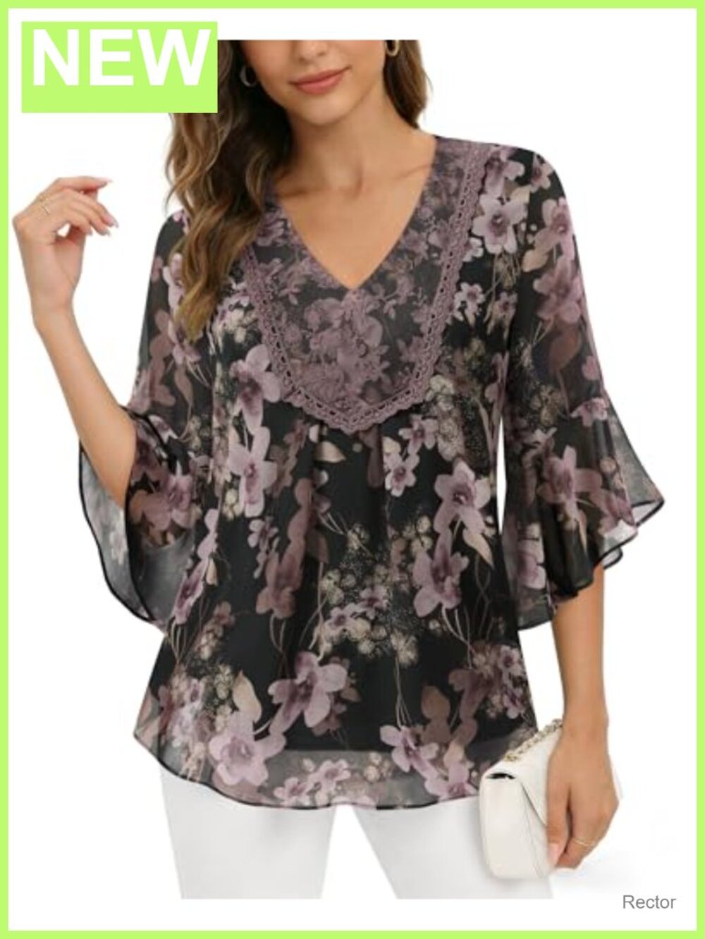 Women's Chiffon Blouse Lace Embroidered V-Neck Ruffle Sleeve Dressy Top